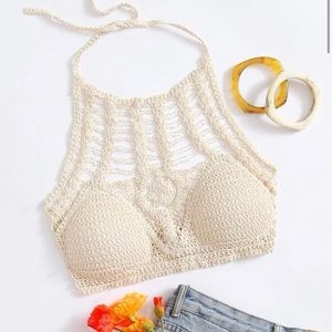 Cream Crochet Tie Back Halter Tops